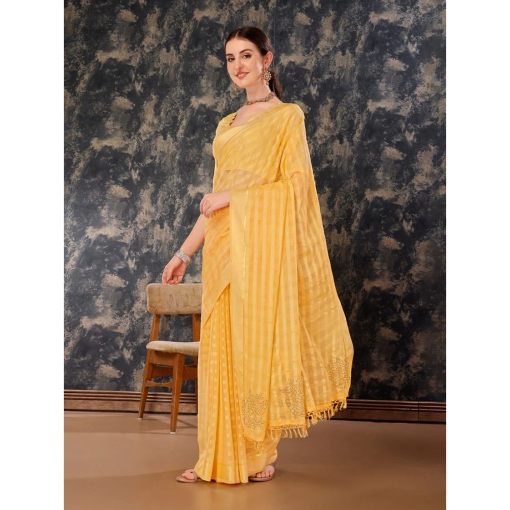 Generic Women's Chiffon Fabric Line Saree With Unstitched Blouse (Yellow, 5-6 Mtrs)