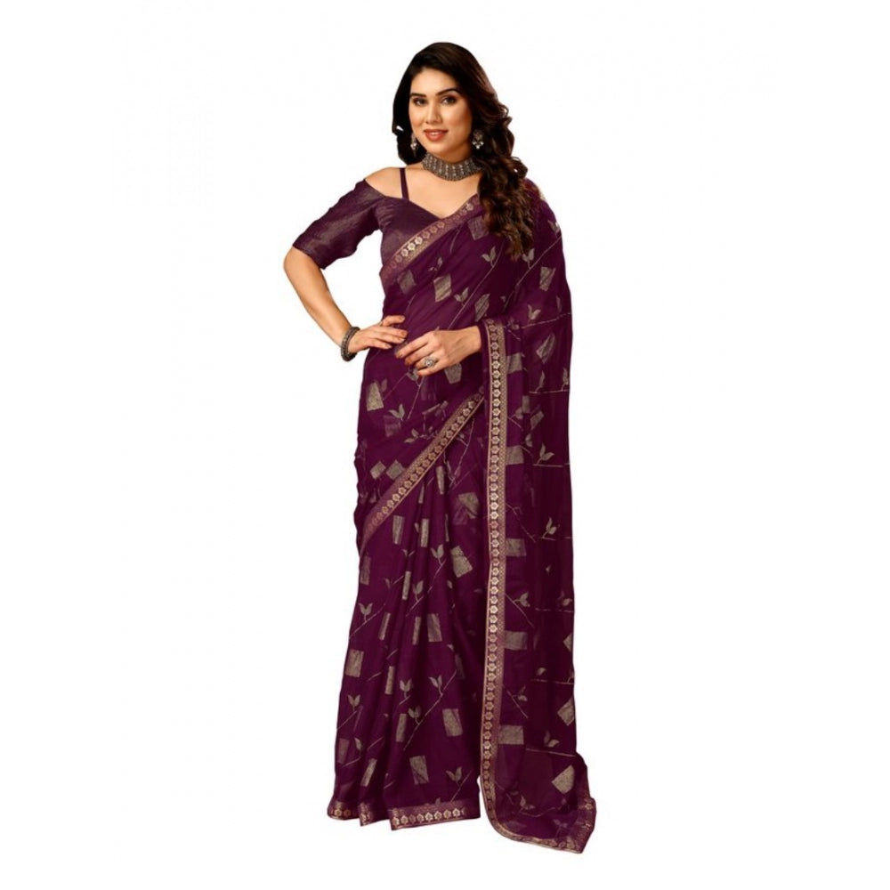 Generic Women's Zomto Patta Chiffon Saree With Unstitched Blouse (Wine, 5-6 Mtrs)