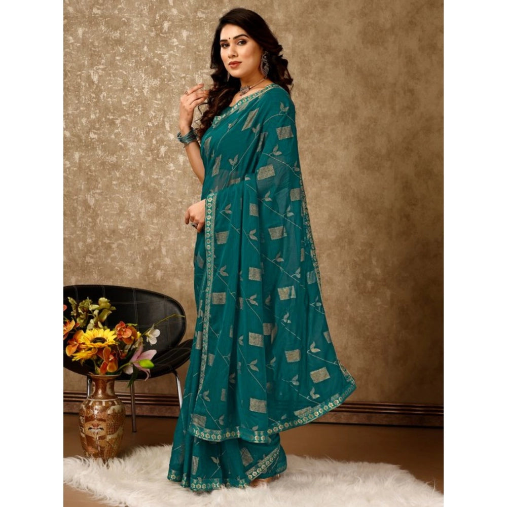 Generic Women's Zomto Patta Chiffon Saree With Unstitched Blouse (Teal Blue, 5-6 Mtrs)