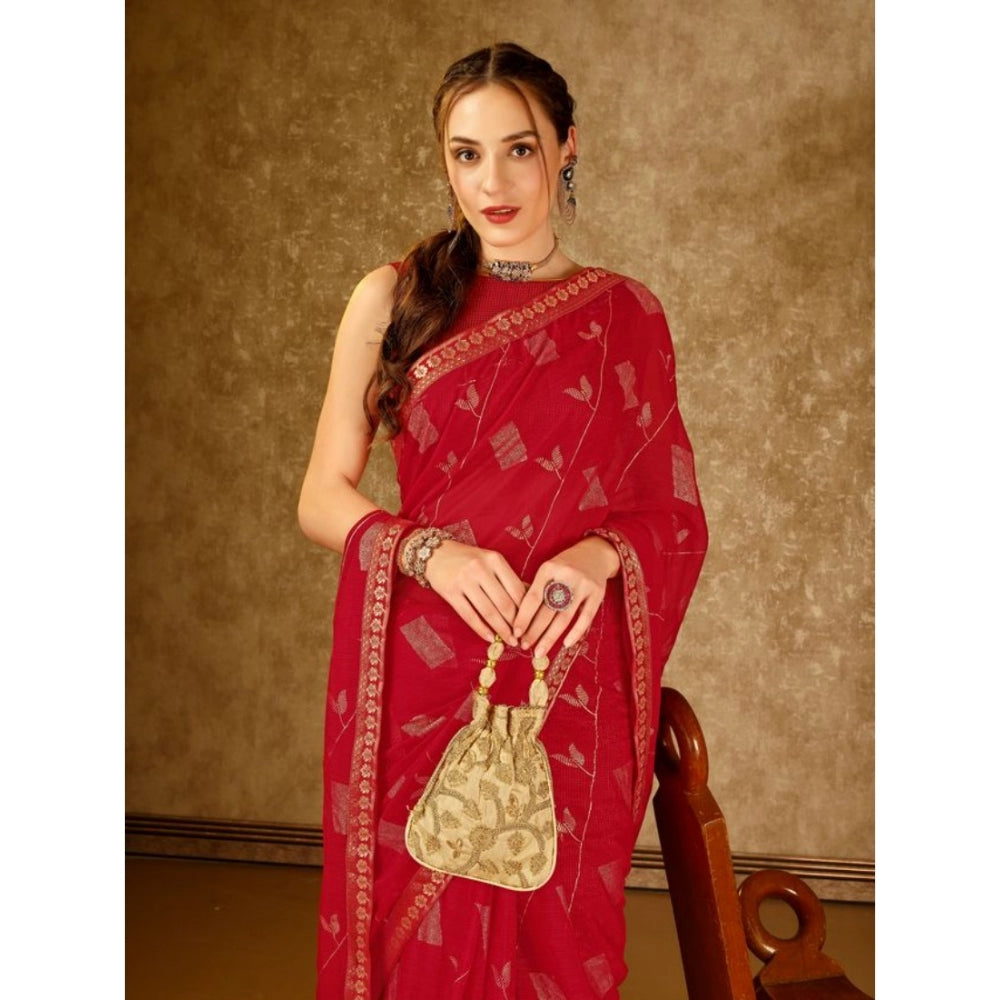 Generic Women's Zomto Patta Chiffon Saree With Unstitched Blouse (Red, 5-6 Mtrs)