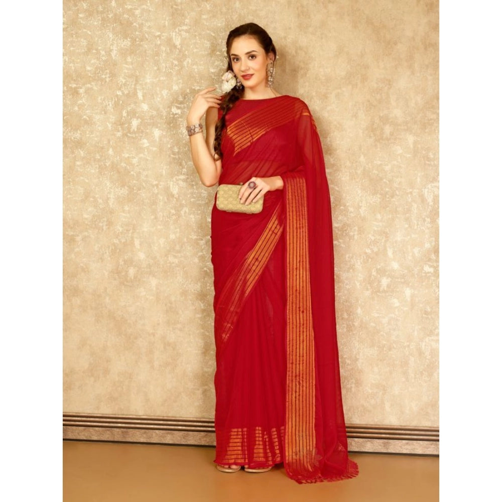 Generic Women's Chiffon Fabric Plain Saree With Unstitched Blouse (Red, 5-6 Mtrs)