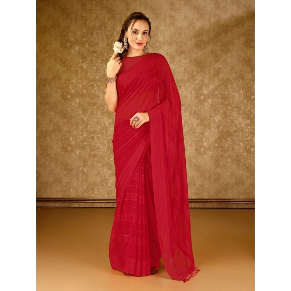 Generic Women's Chiffon Fabric Line Saree With Unstitched Blouse (Red, 5-6 Mtrs)