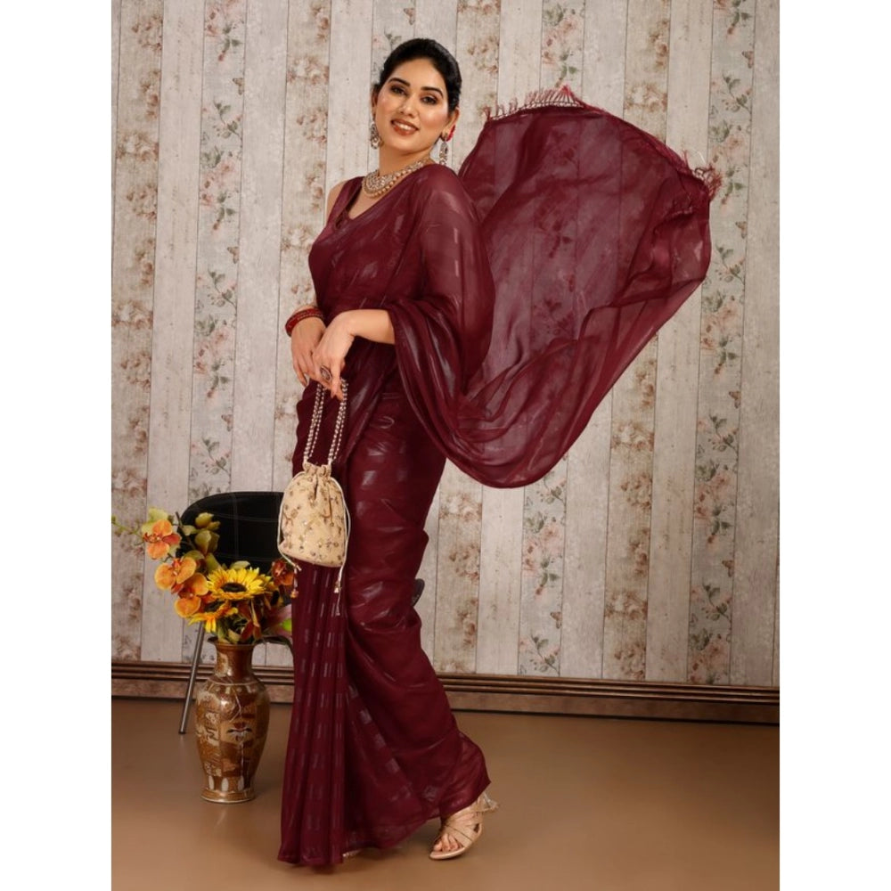 Generic Women's Chiffon Fabric Line Saree With Unstitched Blouse (Maroon, 5-6 Mtrs)