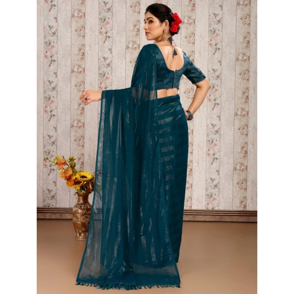 Generic Women's Chiffon Fabric Line Saree With Unstitched Blouse (Teal Blue, 5-6 Mtrs)