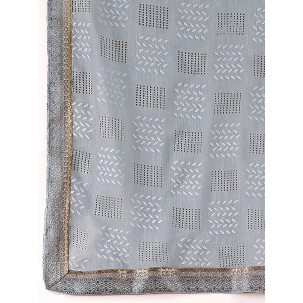 Generic Women's Zomto Cheked Saree With Unstitched Blouse (Grey, 5-6 Mtrs)