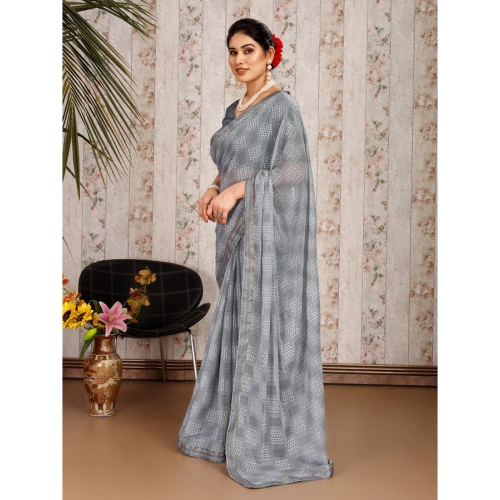 Generic Women's Zomto Cheked Saree With Unstitched Blouse (Grey, 5-6 Mtrs)