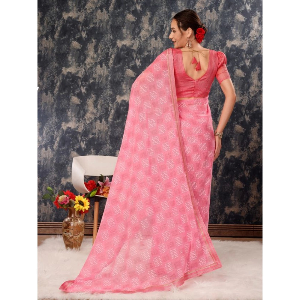 Generic Women's Zomto Cheked Saree With Unstitched Blouse (Pink, 5-6 Mtrs)