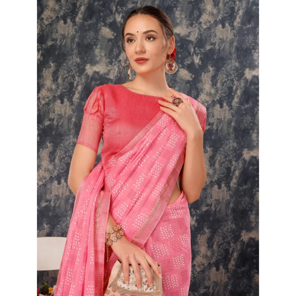 Generic Women's Zomto Cheked Saree With Unstitched Blouse (Pink, 5-6 Mtrs)