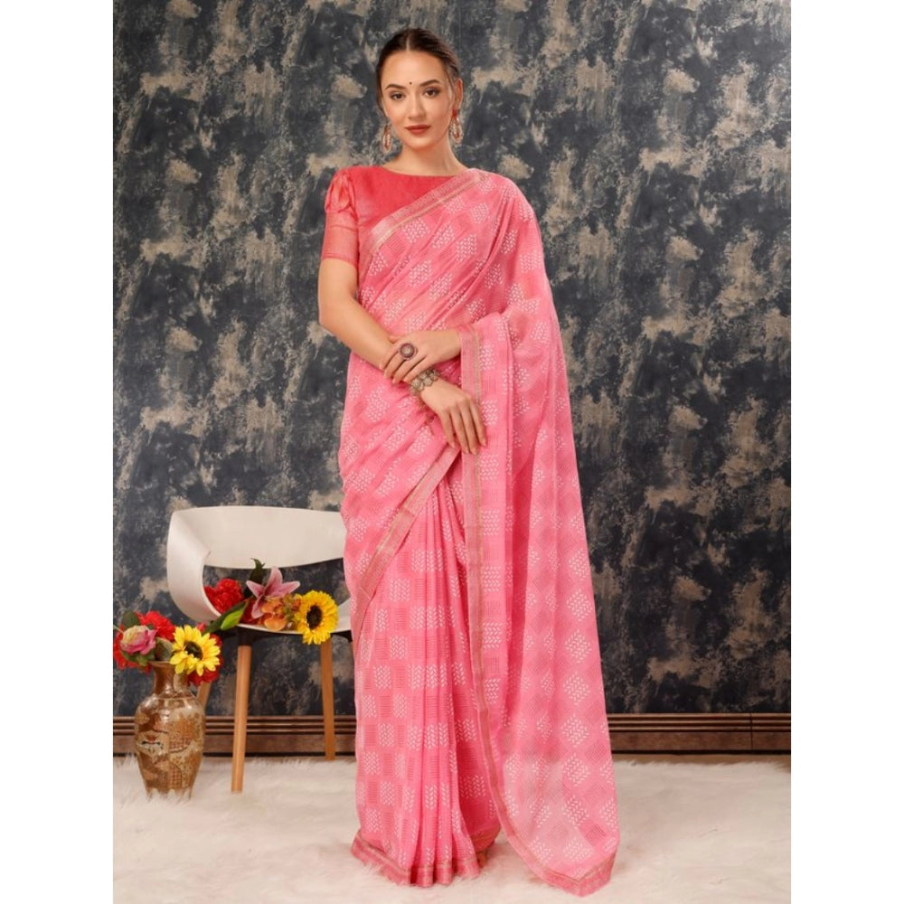 Generic Women's Zomto Cheked Saree With Unstitched Blouse (Pink, 5-6 Mtrs)