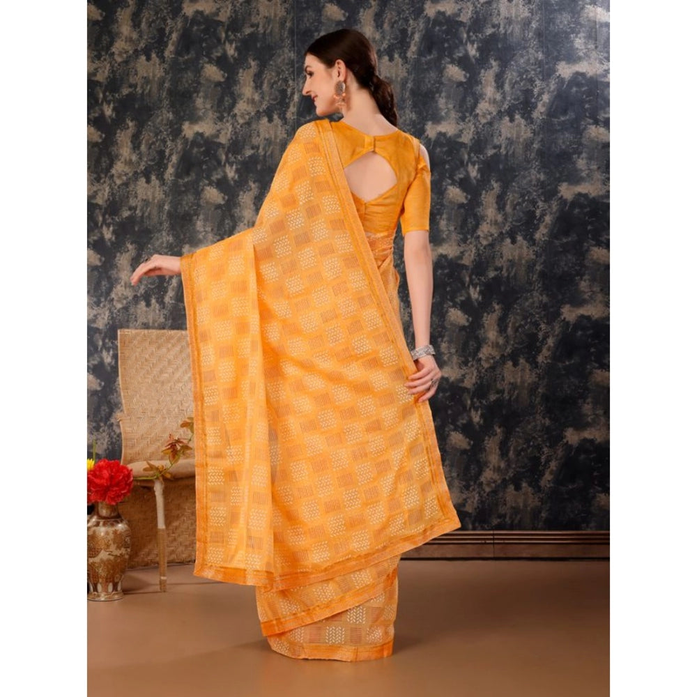 Generic Women's Zomto Cheked Saree With Unstitched Blouse (Yellow, 5-6 Mtrs)