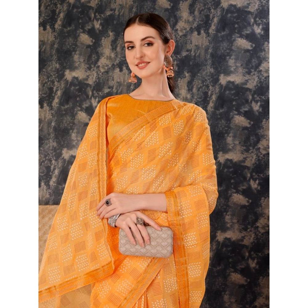 Generic Women's Zomto Cheked Saree With Unstitched Blouse (Yellow, 5-6 Mtrs)