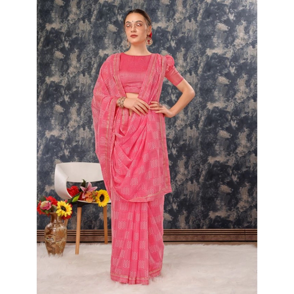 Generic Women's Zomto Cheked Saree With Unstitched Blouse (Pink, 5-6 Mtrs)