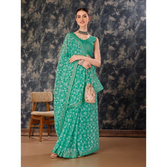 Generic Women's Zomto Printed Saree With Unstitched Blouse (Turquoise Green, 5-6 Mtrs)