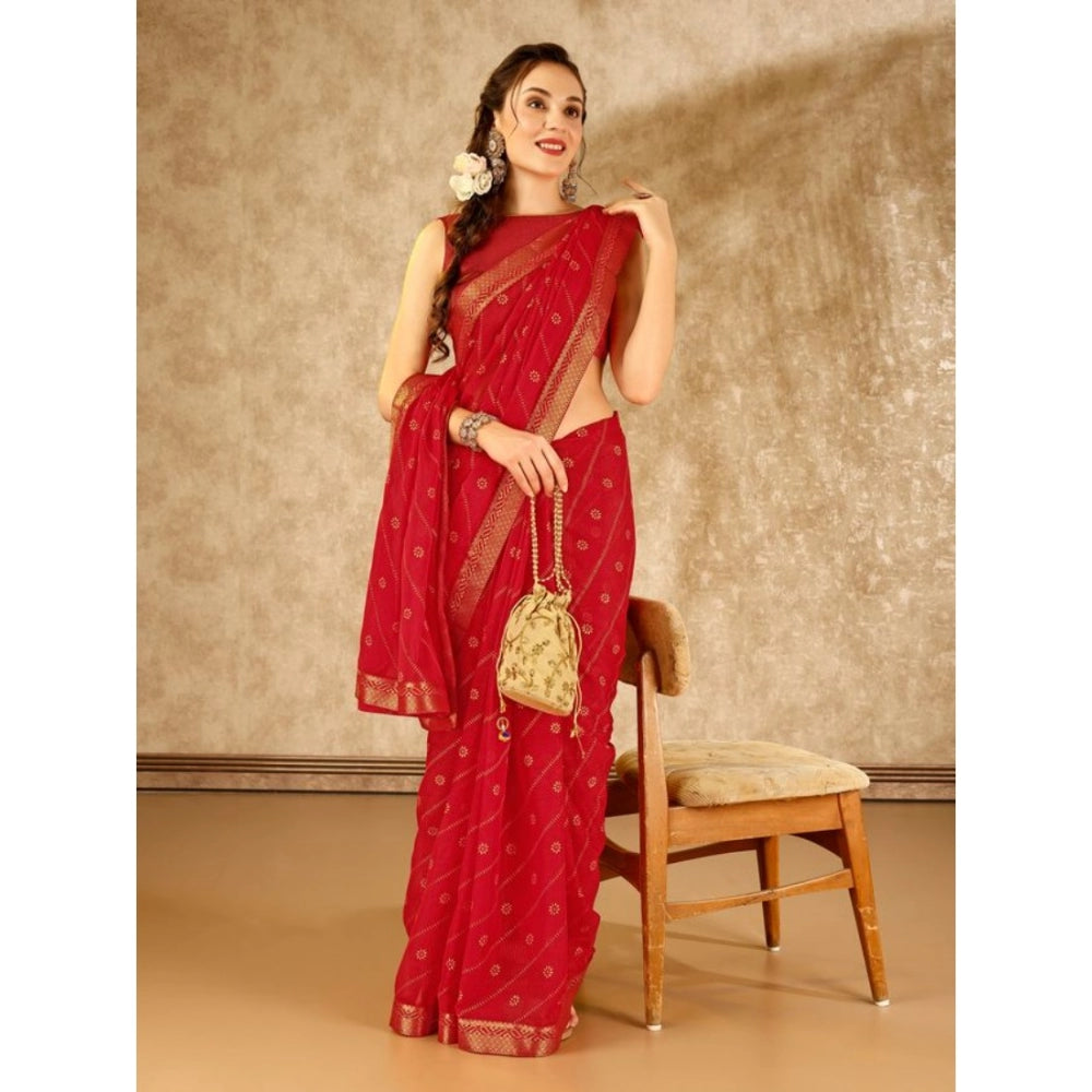 Generic Women's Zomto Bandhani Saree With Unstitched Blouse (Red, 5-6 Mtrs)