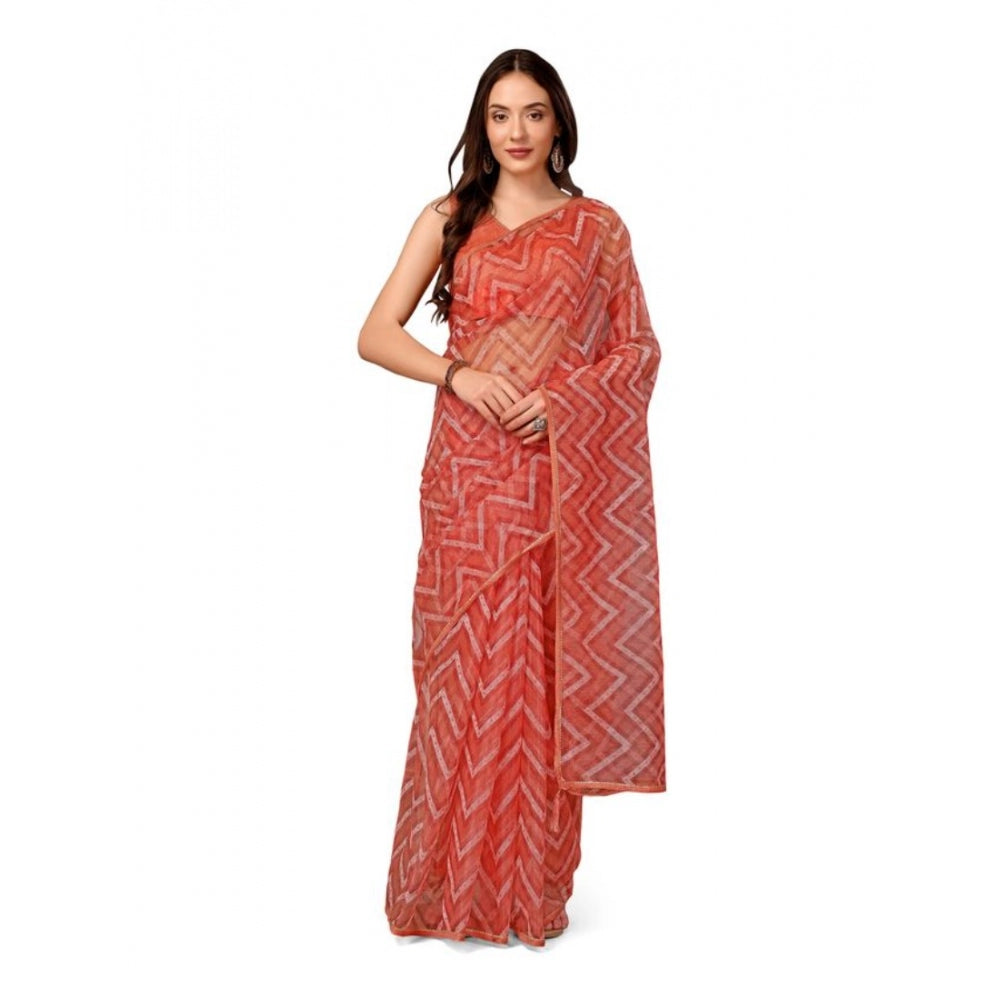 Generic Women's Linen Zig Zag Saree With Unstitched Blouse (Peach, 5-6 Mtrs)