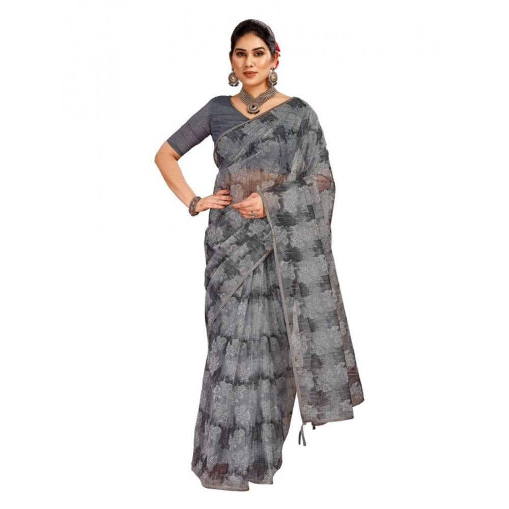 Generic Women's Linen Floral Printed Saree With Unstitched Blouse (Grey, 5-6 Mtrs)