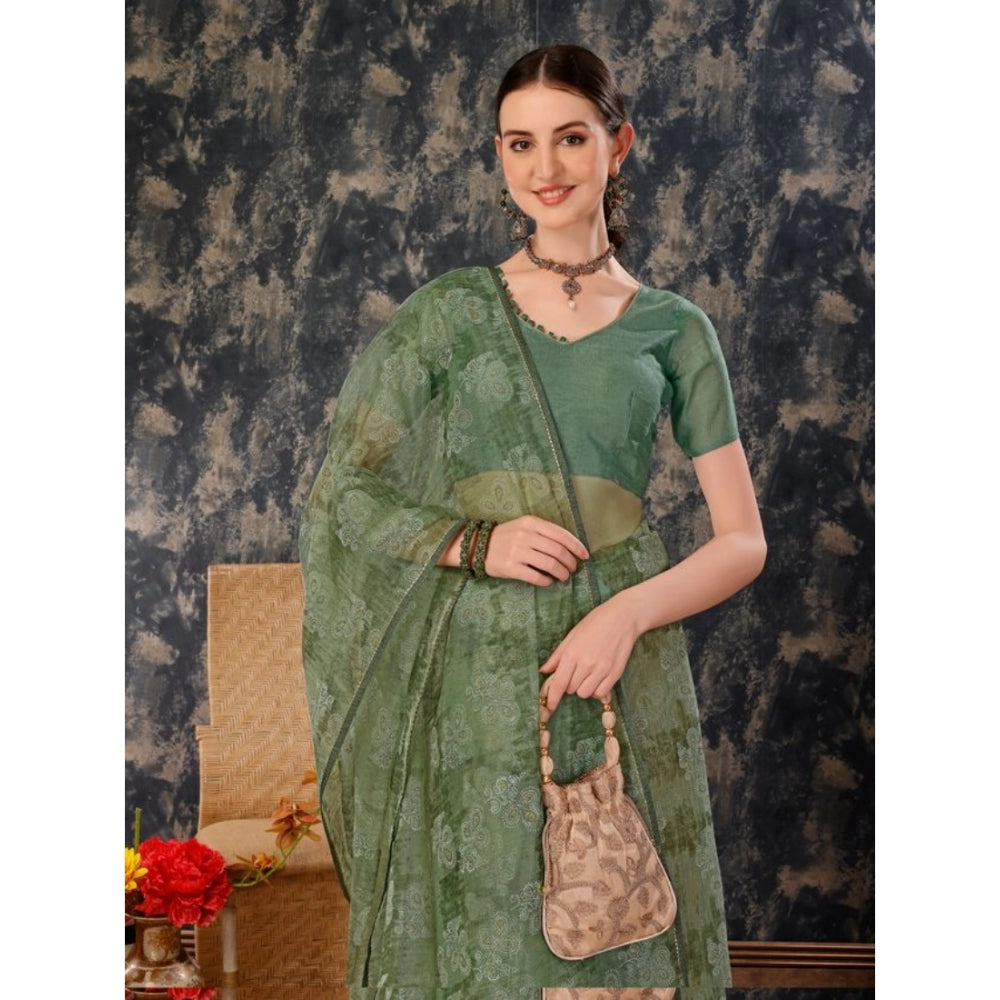 Generic Women's Linen Floral Printed Saree With Unstitched Blouse (Green, 5-6 Mtrs)