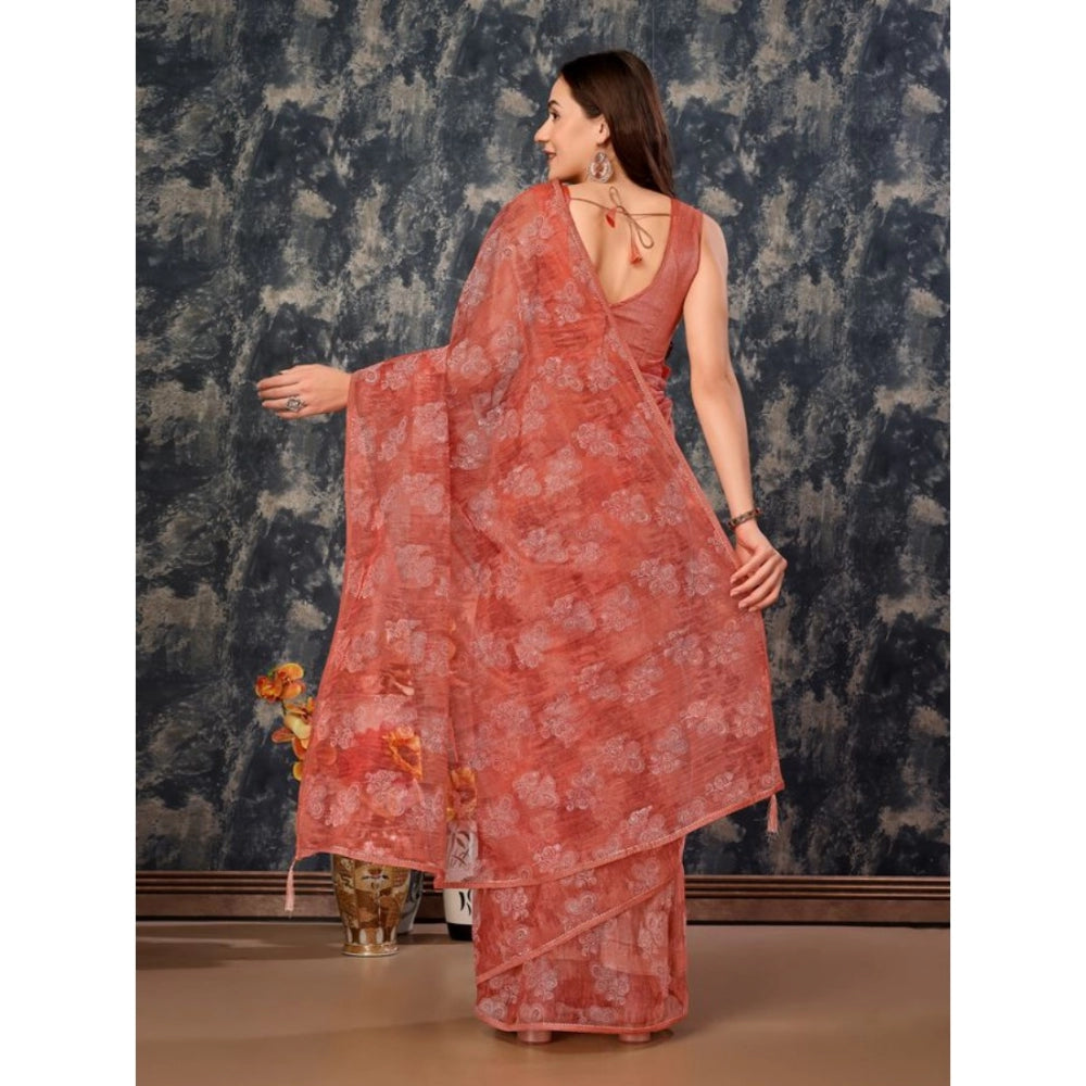 Generic Women's Linen Floral Printed Saree With Unstitched Blouse (Peach, 5-6 Mtrs)