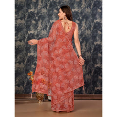 Generic Women's Linen Floral Printed Saree With Unstitched Blouse (Peach, 5-6 Mtrs)