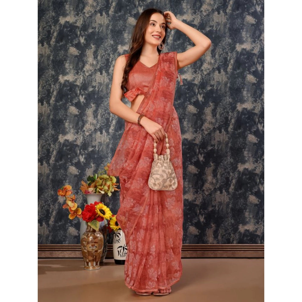 Generic Women's Linen Floral Printed Saree With Unstitched Blouse (Peach, 5-6 Mtrs)