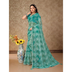 Generic Women's Linen Floral Printed Saree With Unstitched Blouse (Turquoise Green, 5-6 Mtrs)