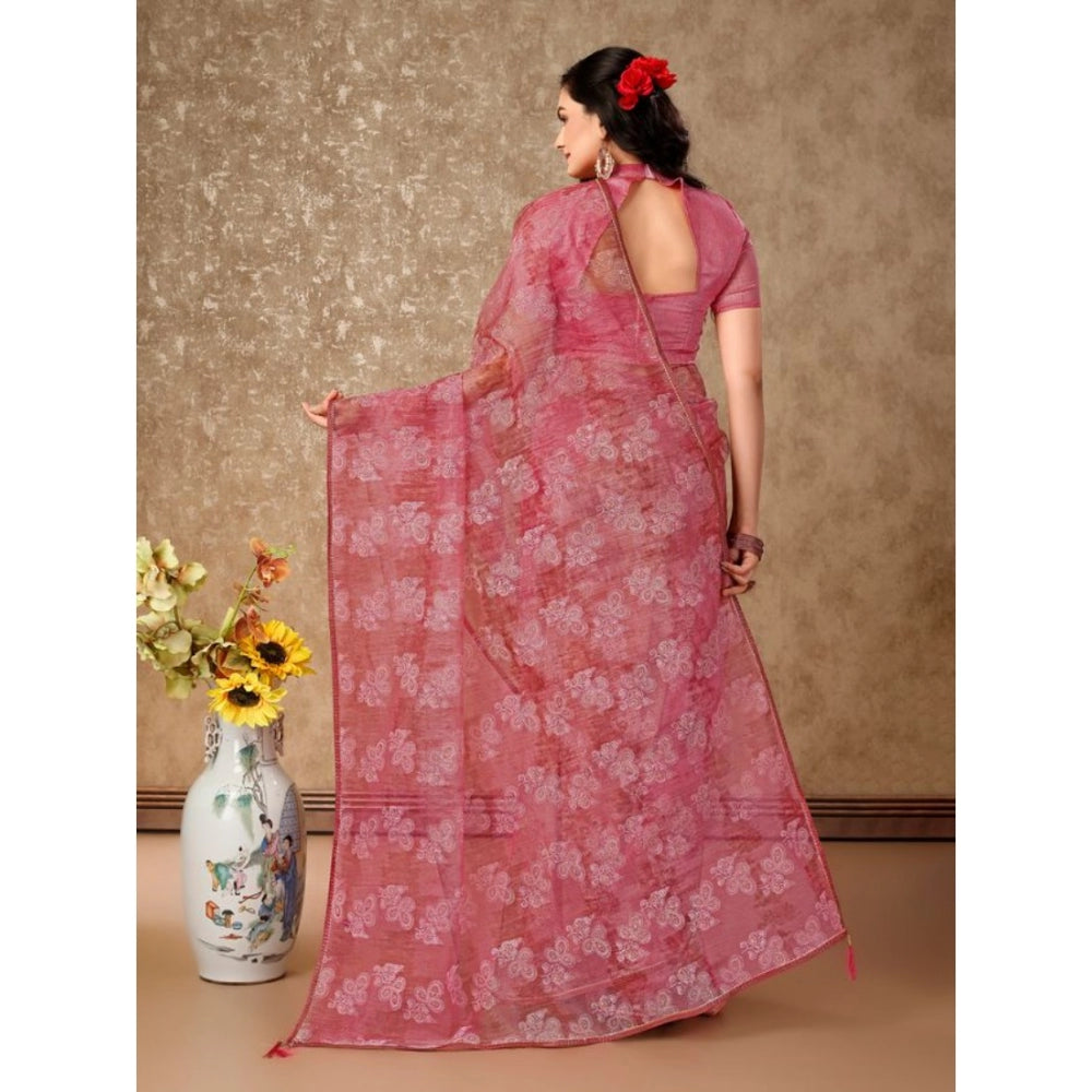 Generic Women's Linen Floral Printed Saree With Unstitched Blouse (Pink, 5-6 Mtrs)