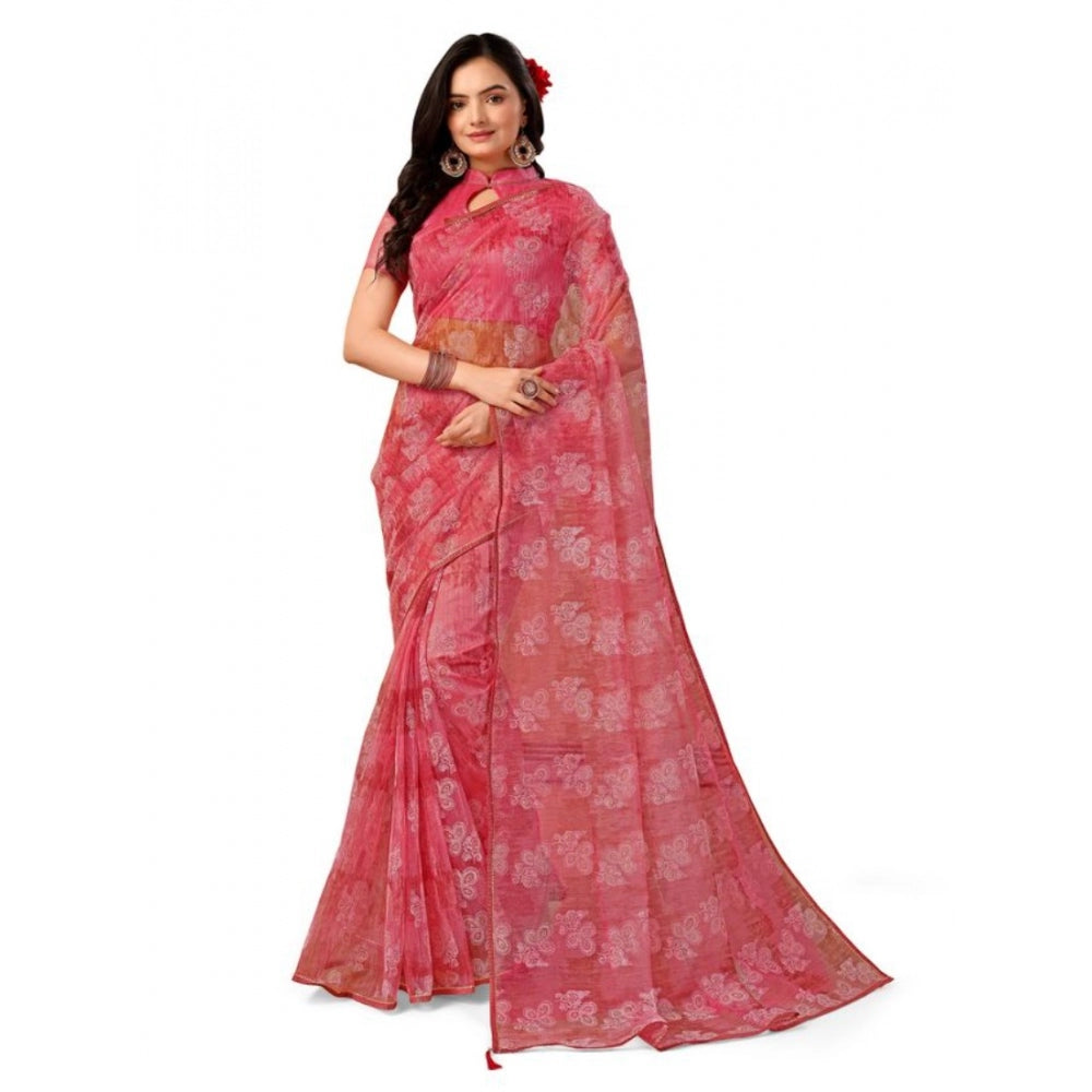 Generic Women's Linen Floral Printed Saree With Unstitched Blouse (Pink, 5-6 Mtrs)