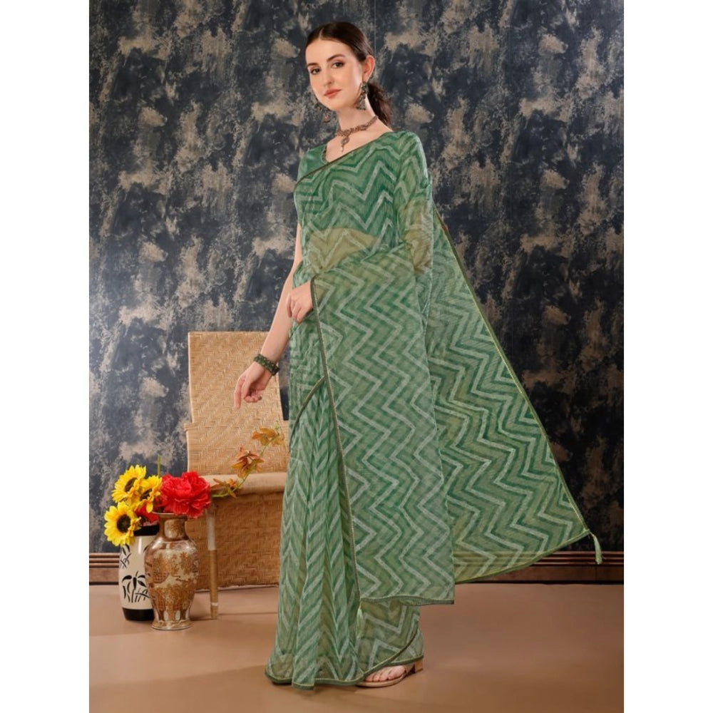 Generic Women's Linen Zig Zag Saree With Unstitched Blouse (Green, 5-6 Mtrs)