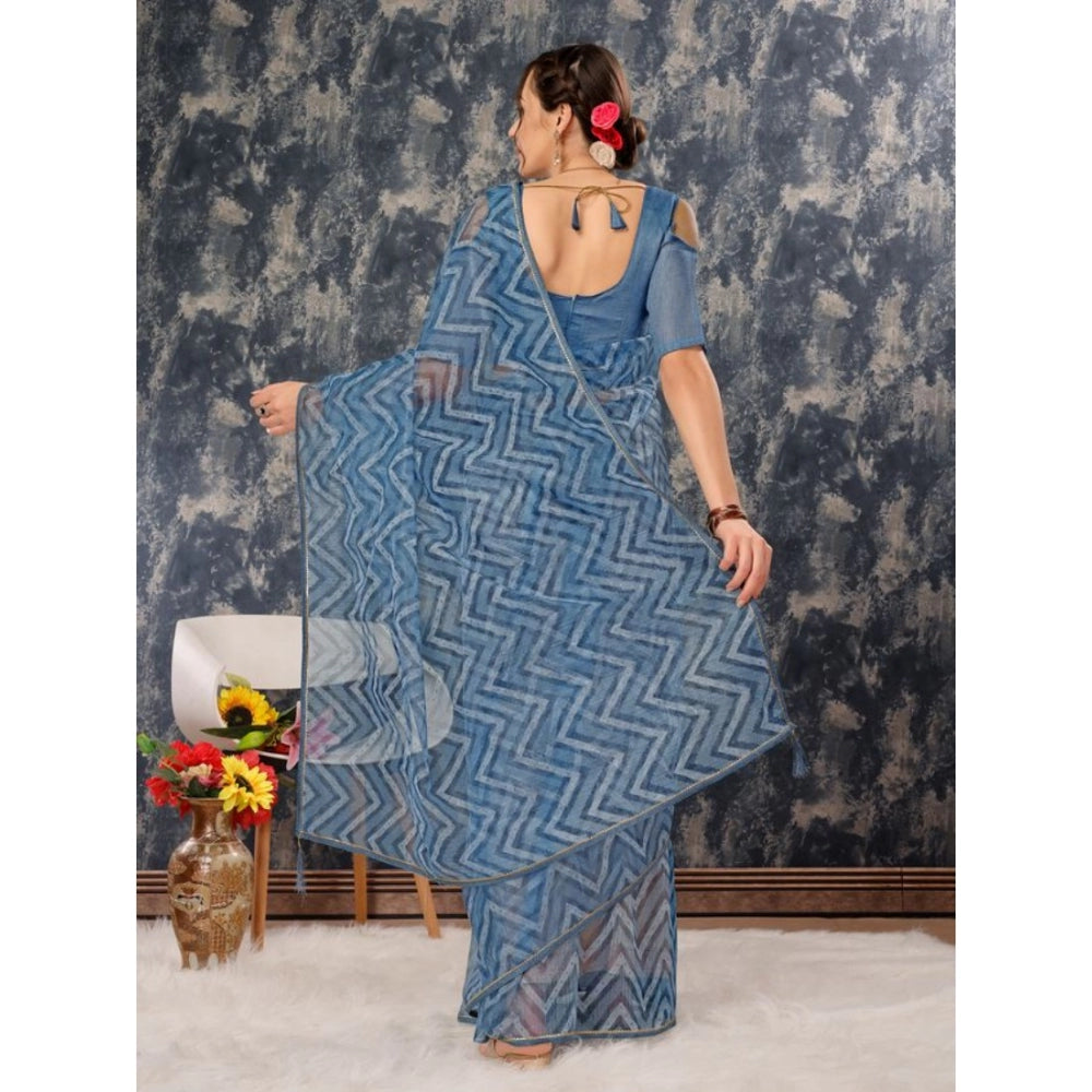 Generic Women's Linen Zig Zag Saree With Unstitched Blouse (Blue, 5-6 Mtrs)