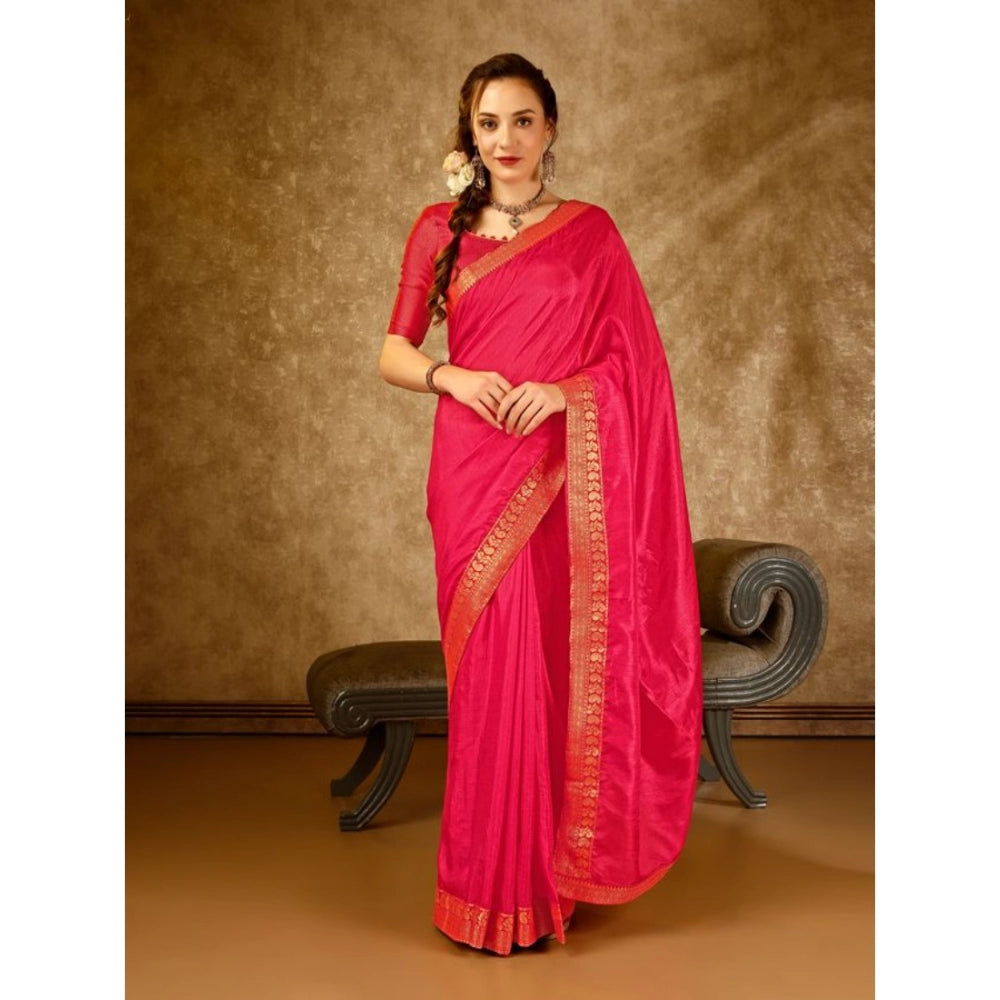 Generic Women's Vichitra Plain Saree With Unstitched Blouse (Pink, 5-6 Mtrs)