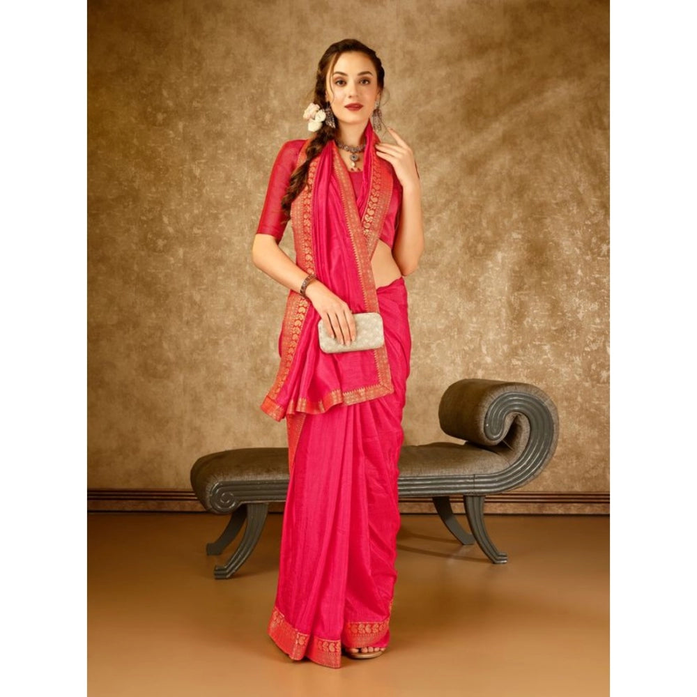 Generic Women's Vichitra Plain Saree With Unstitched Blouse (Pink, 5-6 Mtrs)