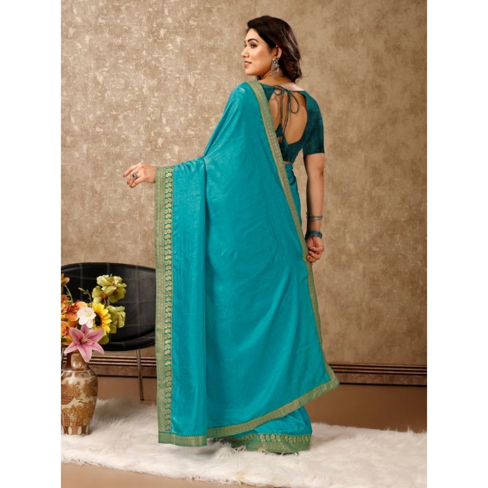 Generic Women's Vichitra Plain Saree With Unstitched Blouse (Teal Blue, 5-6 Mtrs)