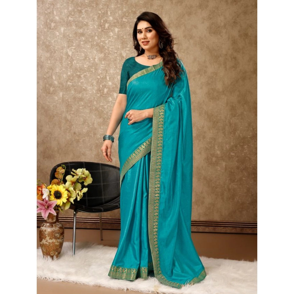 Generic Women's Vichitra Plain Saree With Unstitched Blouse (Teal Blue, 5-6 Mtrs)