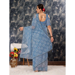 Generic Women's Linen Line Saree With Unstitched Blouse (Sky Blue, 5-6 Mtrs)