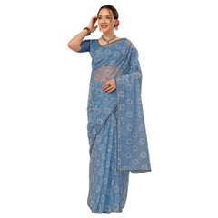 Generic Women's Linen Line Saree With Unstitched Blouse (Sky Blue, 5-6 Mtrs)