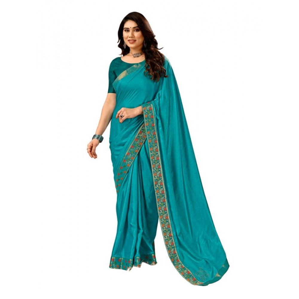 Generic Women's Vichitra Swiroshki Butta Saree With Unstitched Blouse (Turquoise Blue, 5-6 Mtrs)