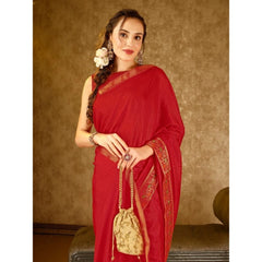 Generic Women's Vichitra Swiroshki Butta Saree With Unstitched Blouse (Red, 5-6 Mtrs)