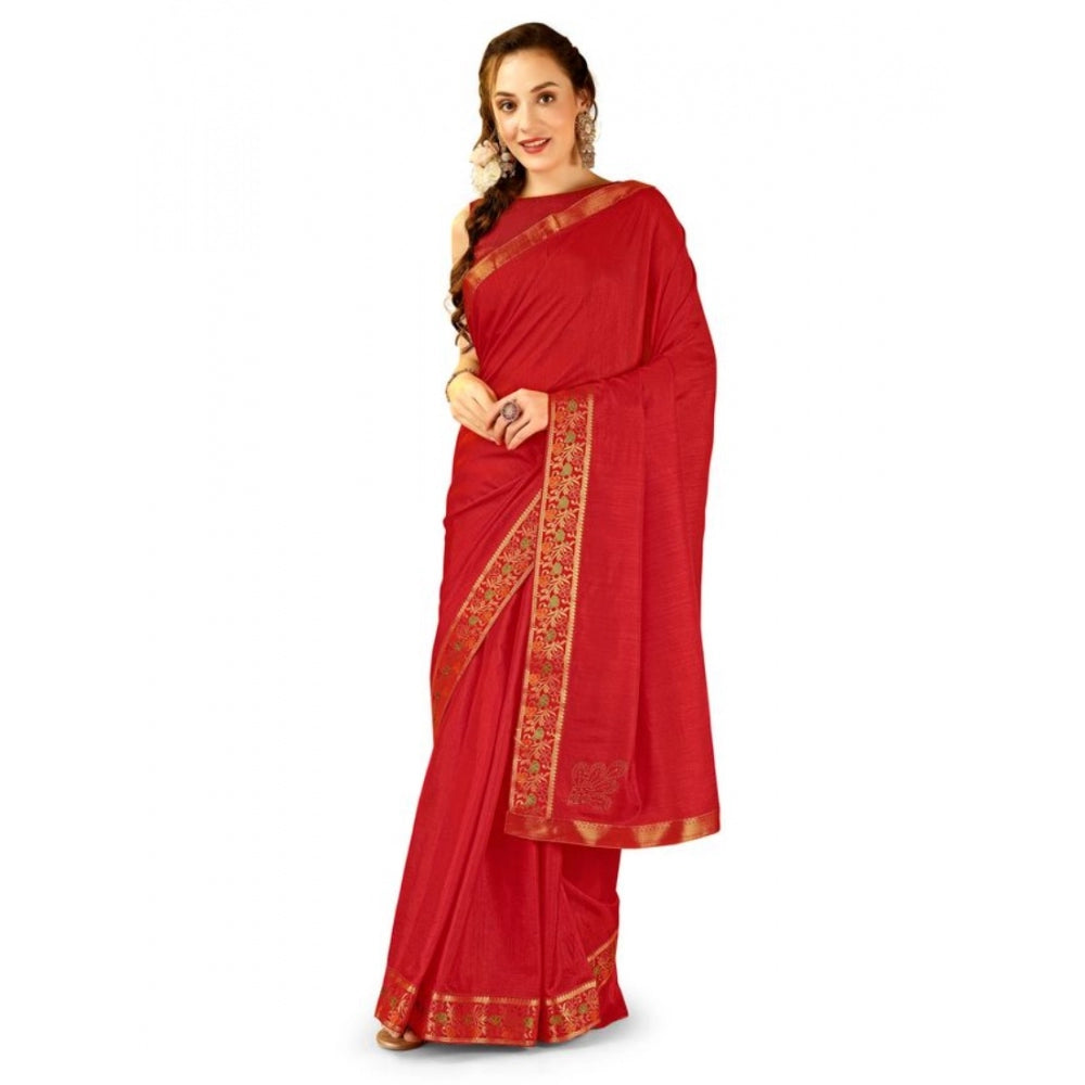 Generic Women's Vichitra Swiroshki Butta Saree With Unstitched Blouse (Red, 5-6 Mtrs)