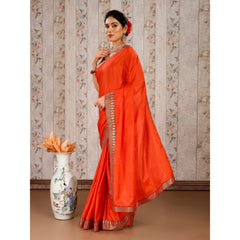 Generic Women's Vichitra Plain Saree With Unstitched Blouse (Orange, 5-6 Mtrs)