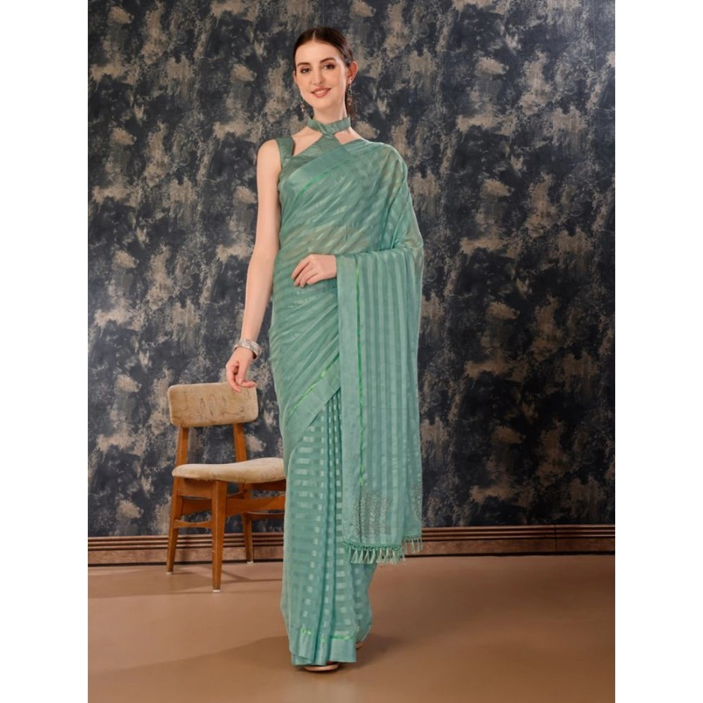 Generic Women's Chiffon Fabric Line Saree With Unstitched Blouse (Turquoise green, 5-6 Mtrs)