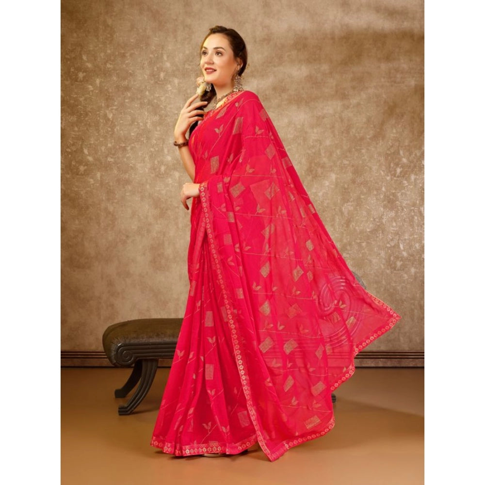 Generic Women's Zomto Patta Chiffon Saree With Unstitched Blouse (Pink, 5-6 Mtrs)