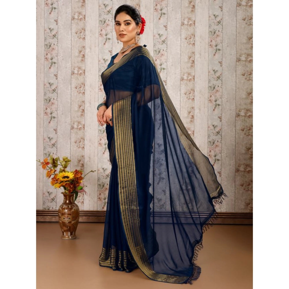 Generic Women's Chiffon Fabric Plain Saree With Unstitched Blouse (Blue, 5-6 Mtrs)