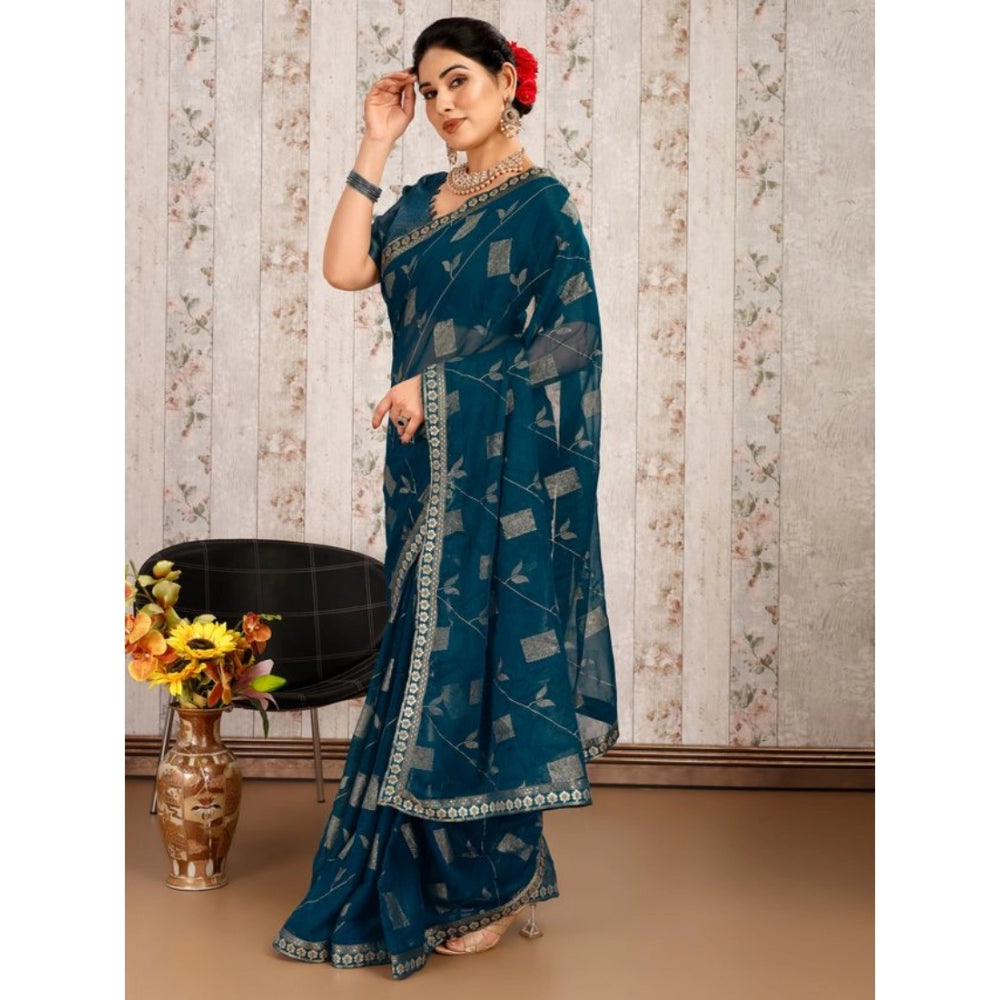 Generic Women's Zomto Patta Chiffon Saree With Unstitched Blouse (Blue, 5-6 Mtrs)