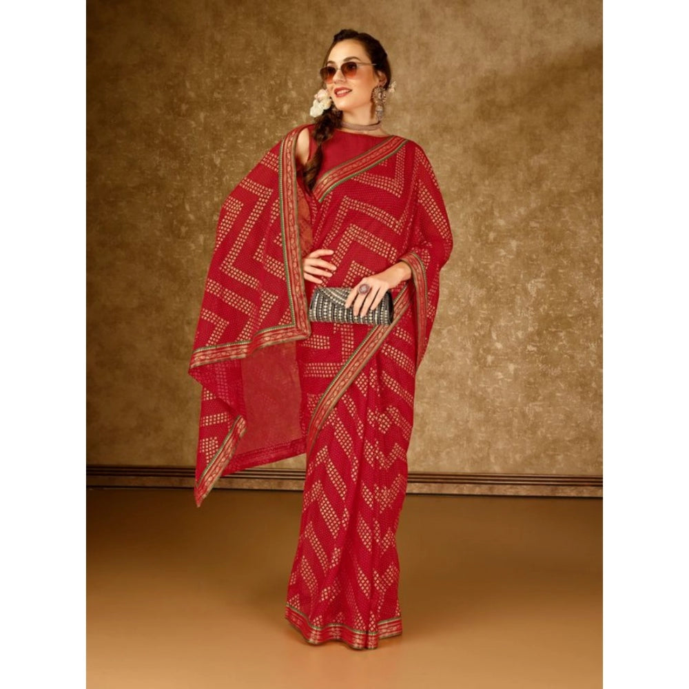 Generic Women's Zomto Zig Zag Saree With Unstitched Blouse (Red, 5-6 Mtrs)