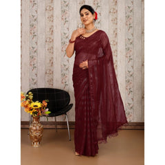 Generic Women's Chiffon Fabric Line Saree With Unstitched Blouse (Maroon, 5-6 Mtrs)