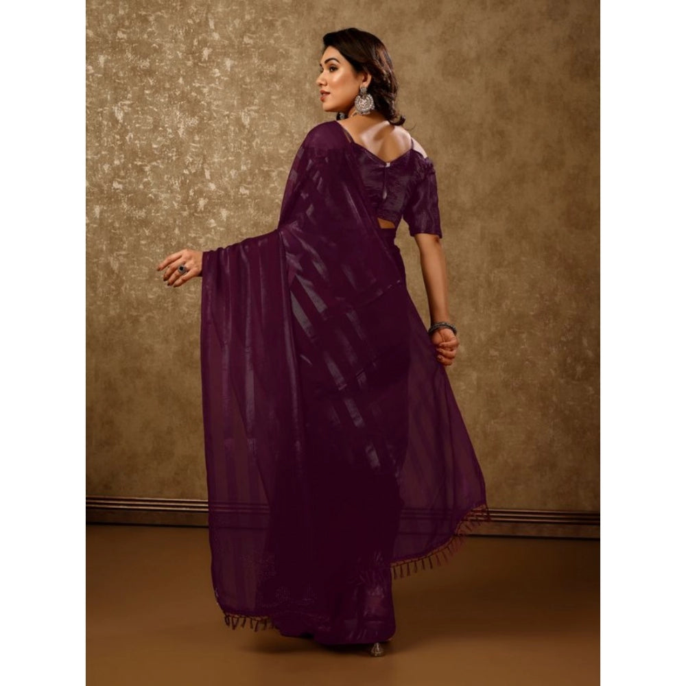 Generic Women's Chiffon Fabric Line Saree With Unstitched Blouse (Purple, 5-6 Mtrs)