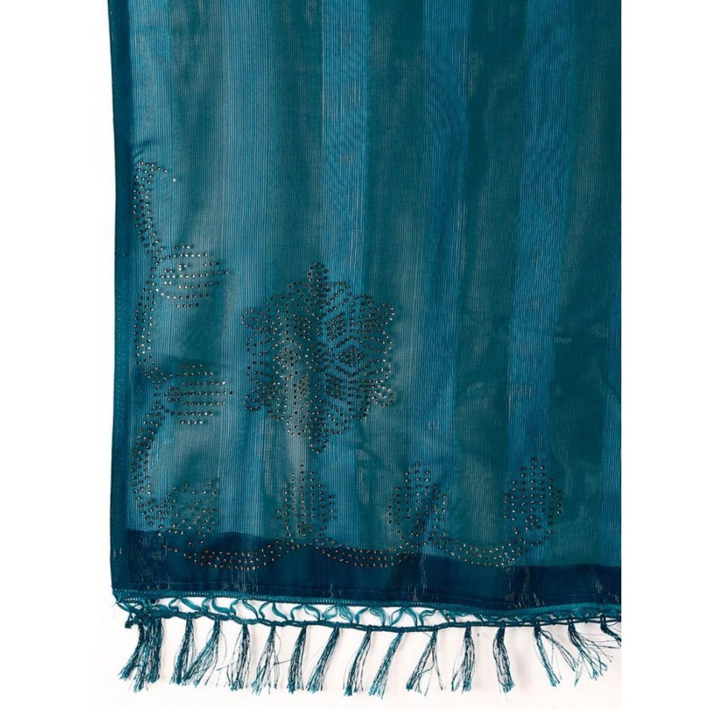 Generic Women's Chiffon Fabric Line Saree With Unstitched Blouse (Teal Blue, 5-6 Mtrs)