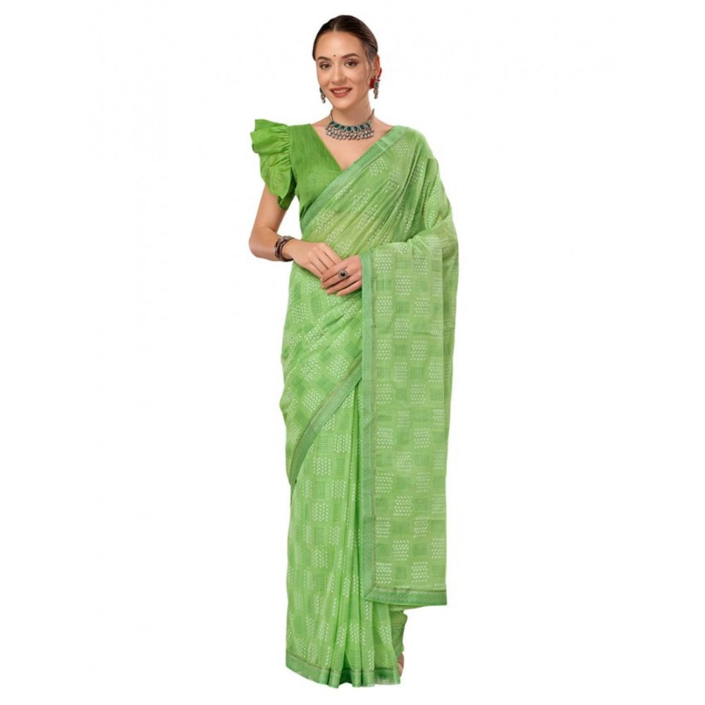 Generic Women's Zomto Cheked Saree With Unstitched Blouse (Green, 5-6 Mtrs)