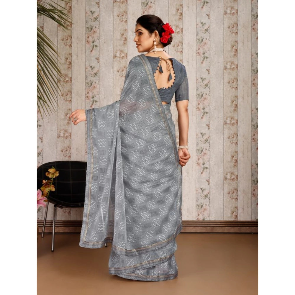 Generic Women's Zomto Cheked Saree With Unstitched Blouse (Grey, 5-6 Mtrs)