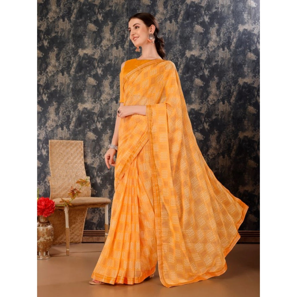 Generic Women's Zomto Checked Saree With Unstitched Blouse (Yellow, 5-6 Mtrs)